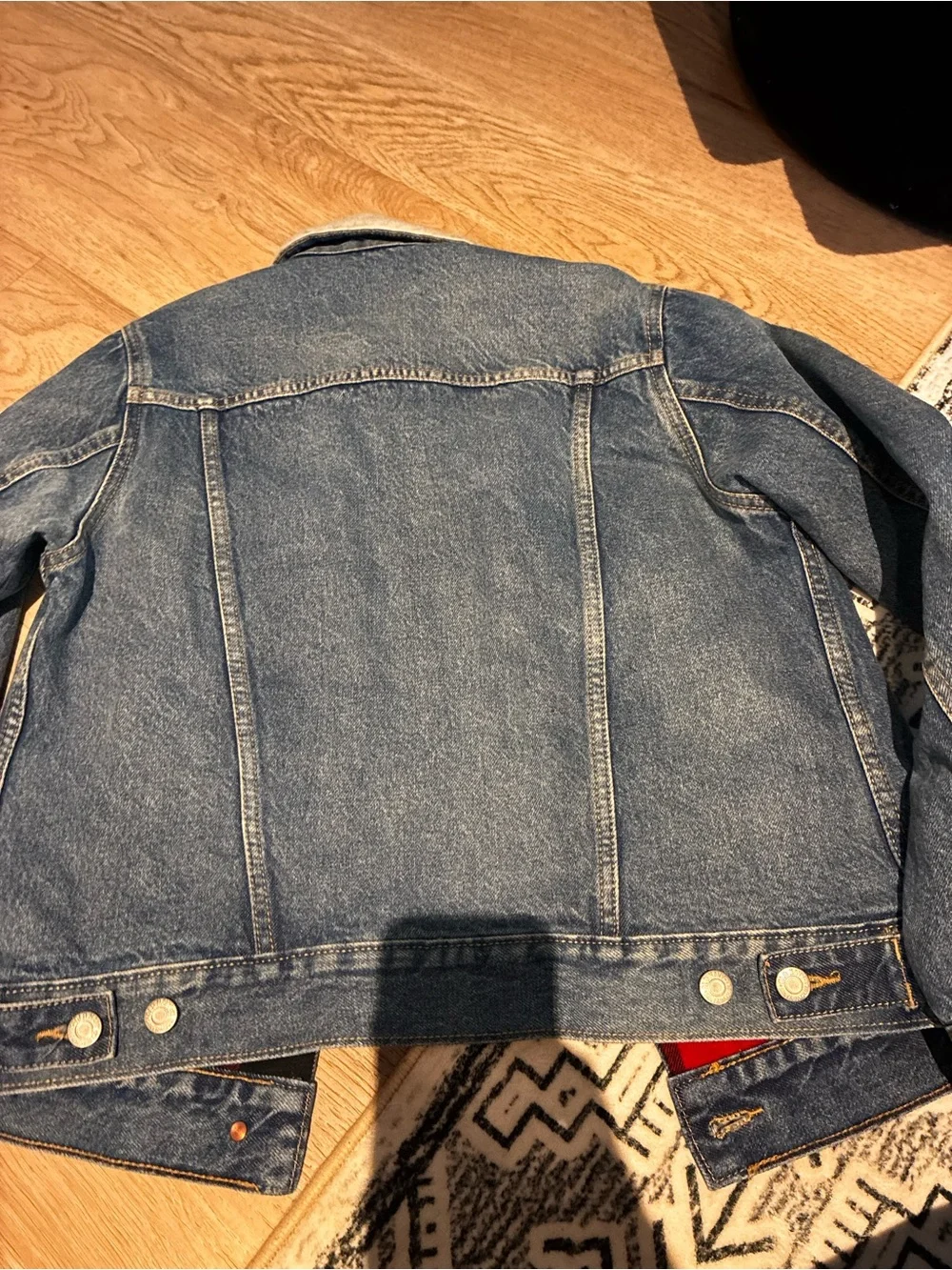 Old Navy Blue Denim Jacket with Cream Sherpa Collar and Red Plaid Lining